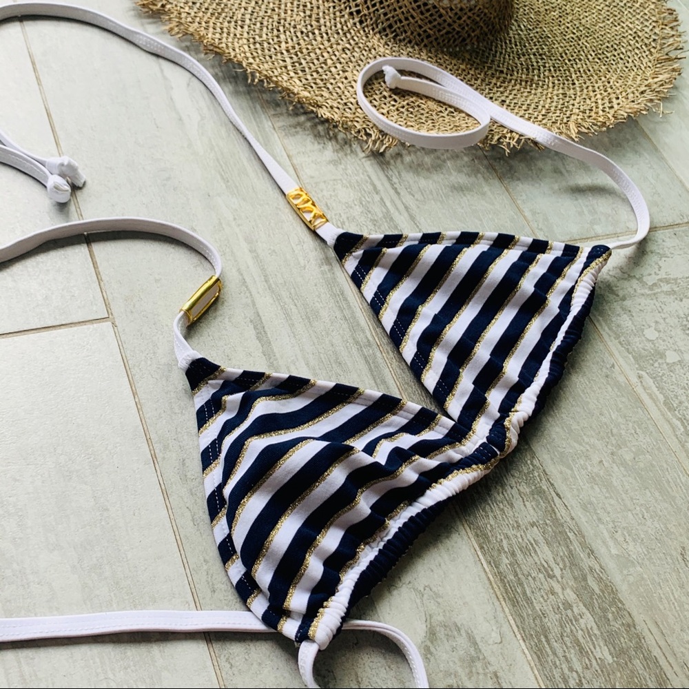 Letarte Bikini Top Sailor Striped Gold Coral Removable Geometric Charms - Picture 11 of 16